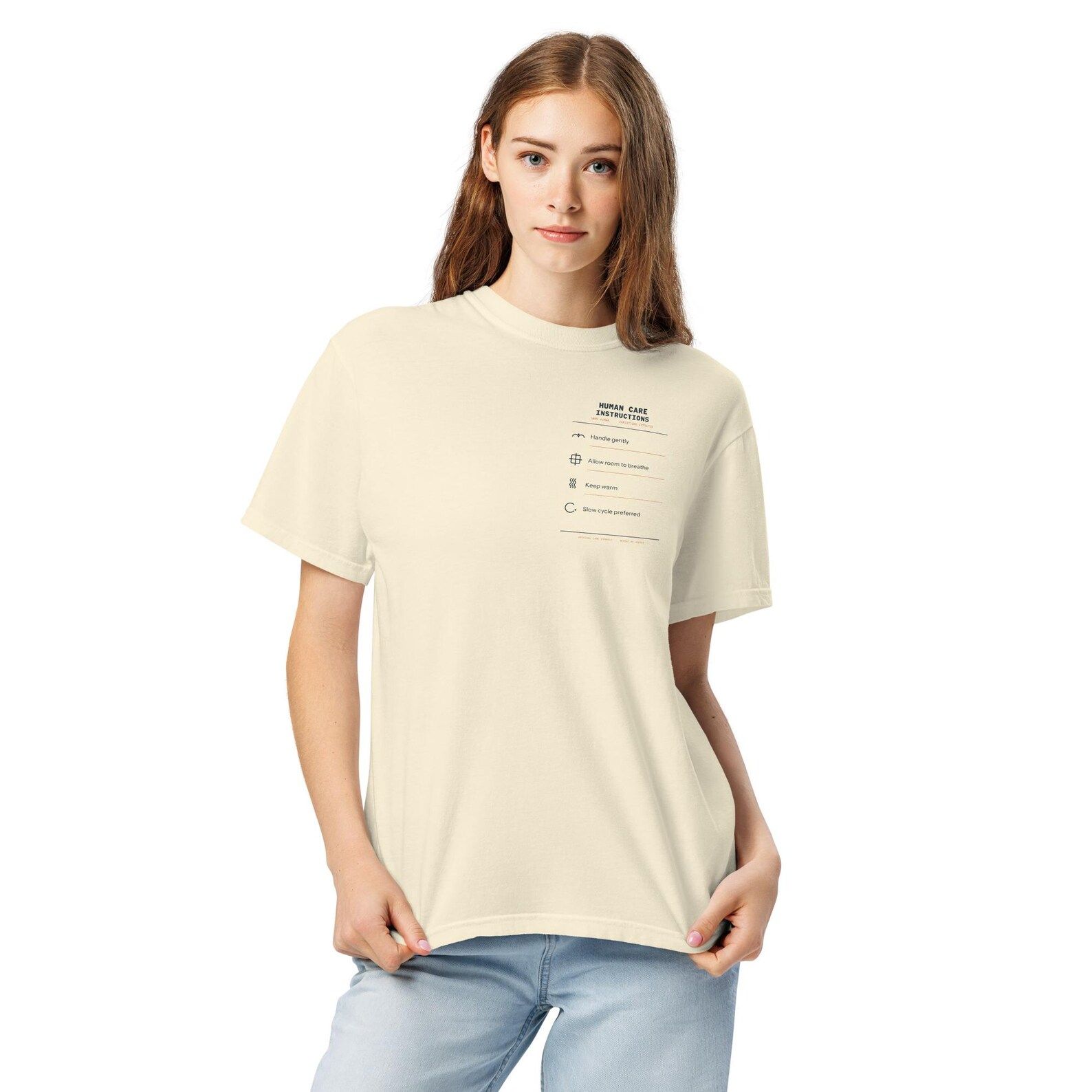 Human Care Instructions T-shirt model in butter colour