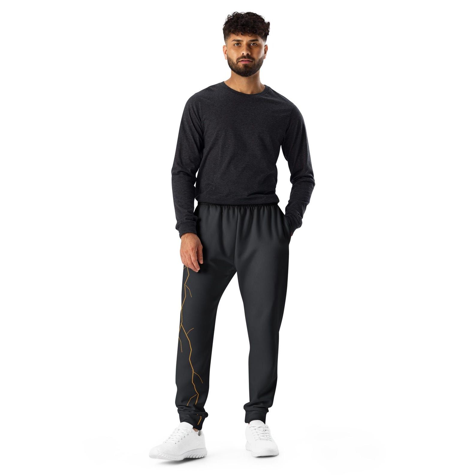 Three front views of Mended Light joggers on different bodies showing the placement of the single outer-leg repair