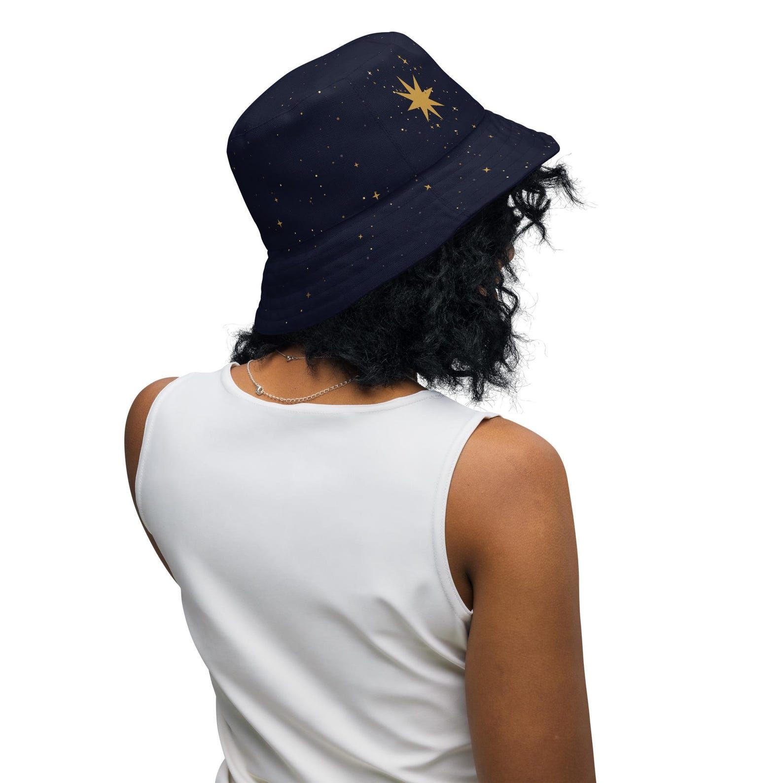 Back view of the dark side of the Stardust Starlight bucket hat showing the large gold star and scattered star field