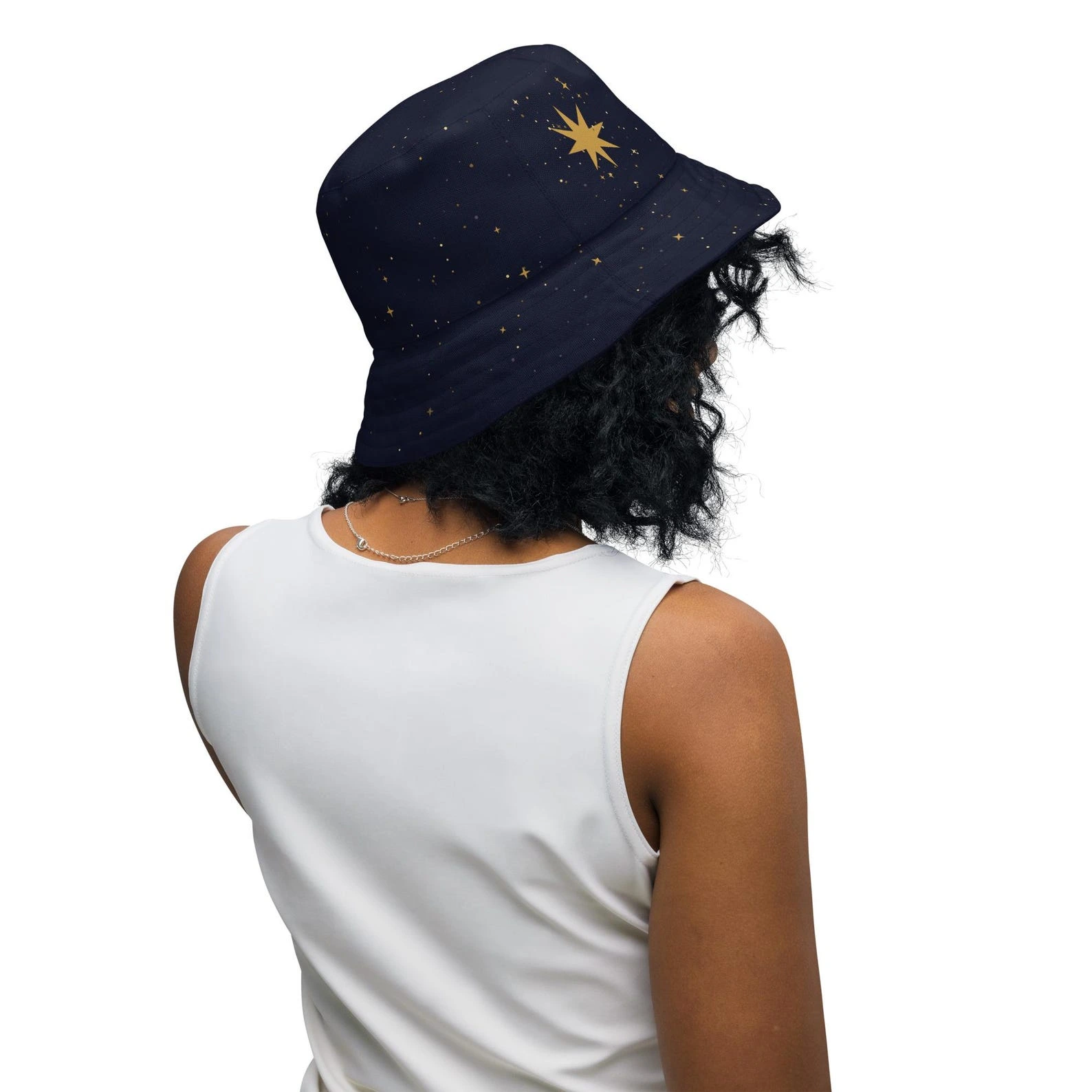 Back view of the dark side of the Stardust Starlight bucket hat showing the large gold star and scattered star field