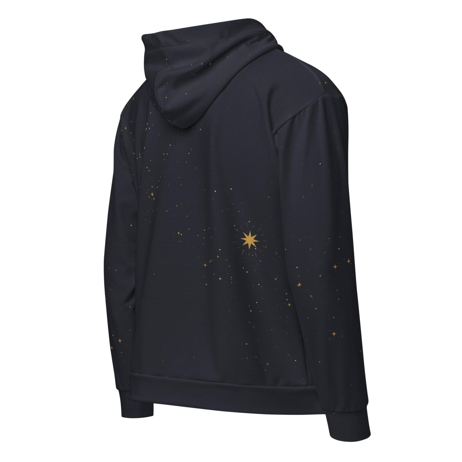 Back view of the dark Live Light hoodie showing its field of small gold stars