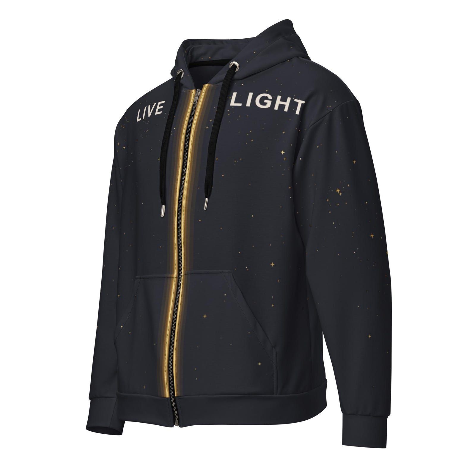 Close front view of the Live Light hoodie showing the zipper as a vertical gold current between the words