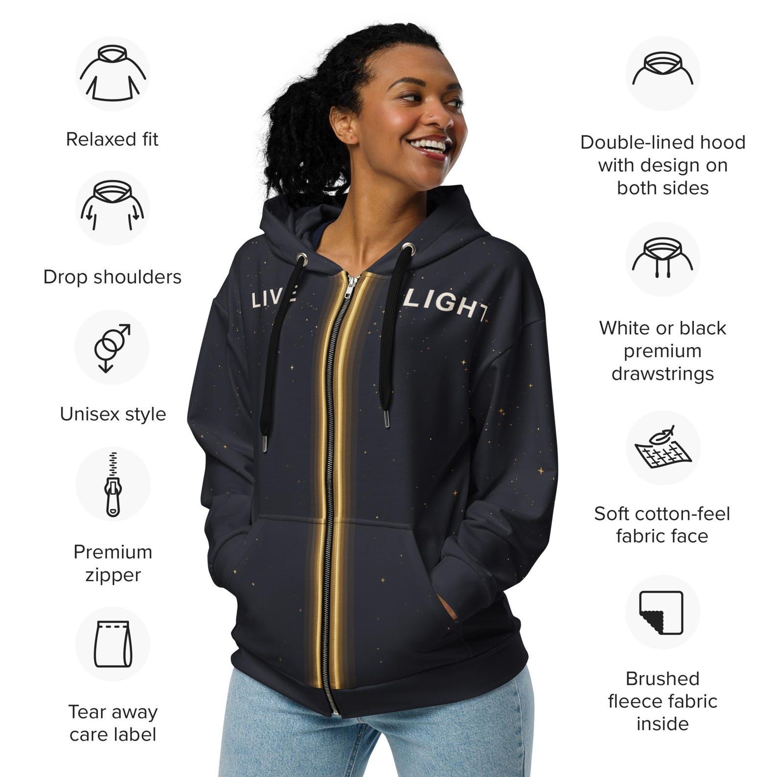 Model wearing the Live Light hoodie beside illustrated notes about its fit, hood, zipper and fleece interior