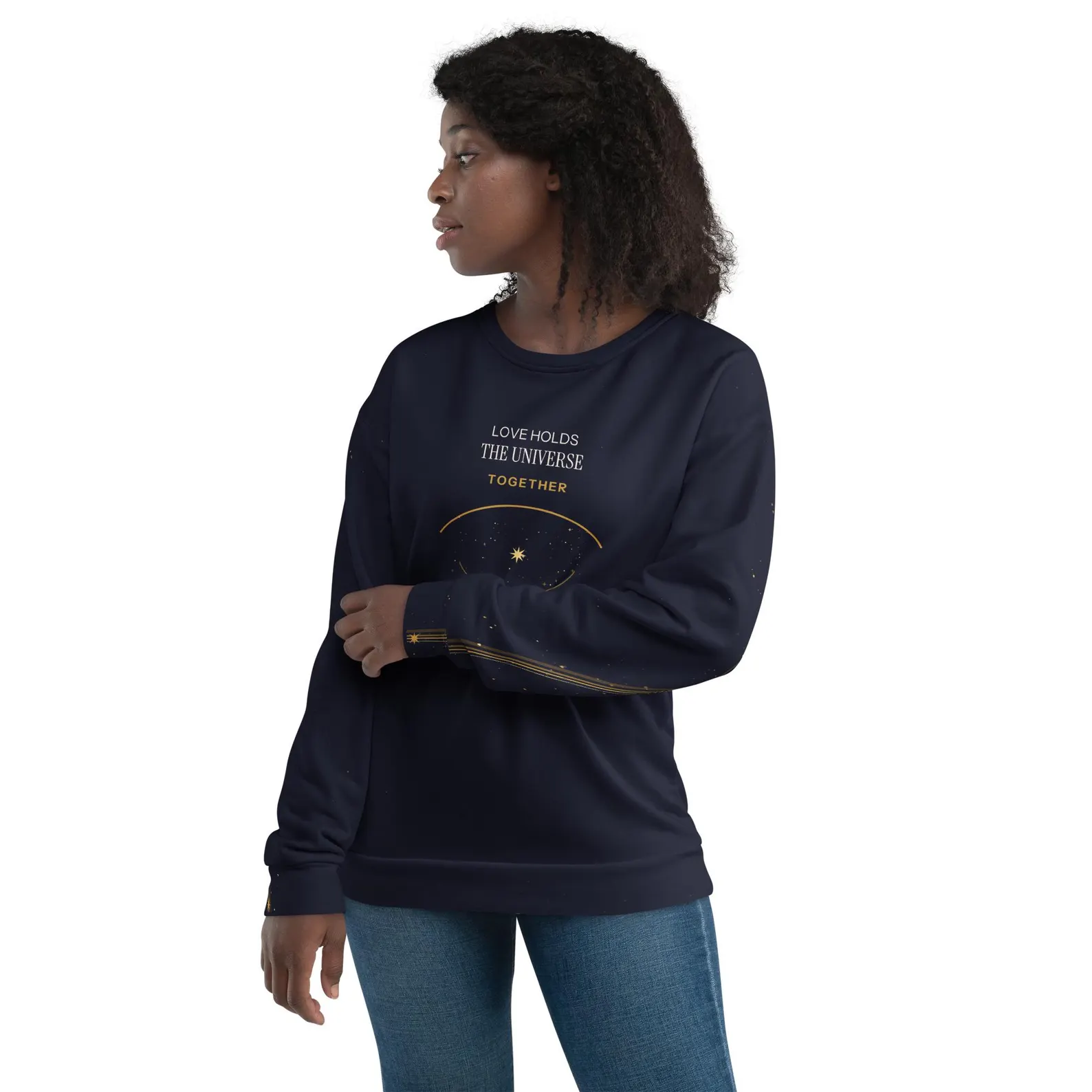 Model wearing the Love Holds the Universe Together sweatshirt with a visual showing a bent arm