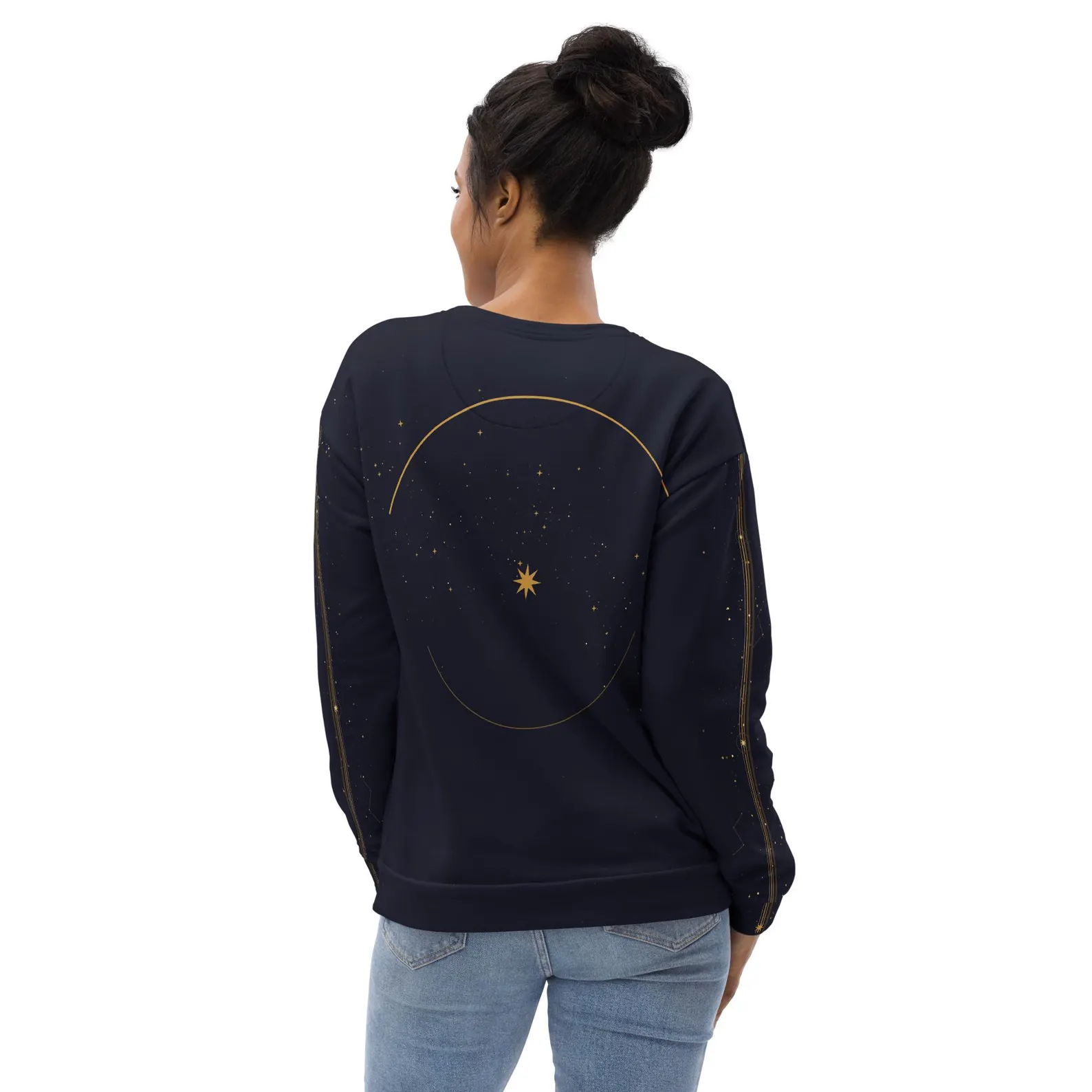 Model wearing the Love Holds the Universe Together sweatshirt with a visual from the back