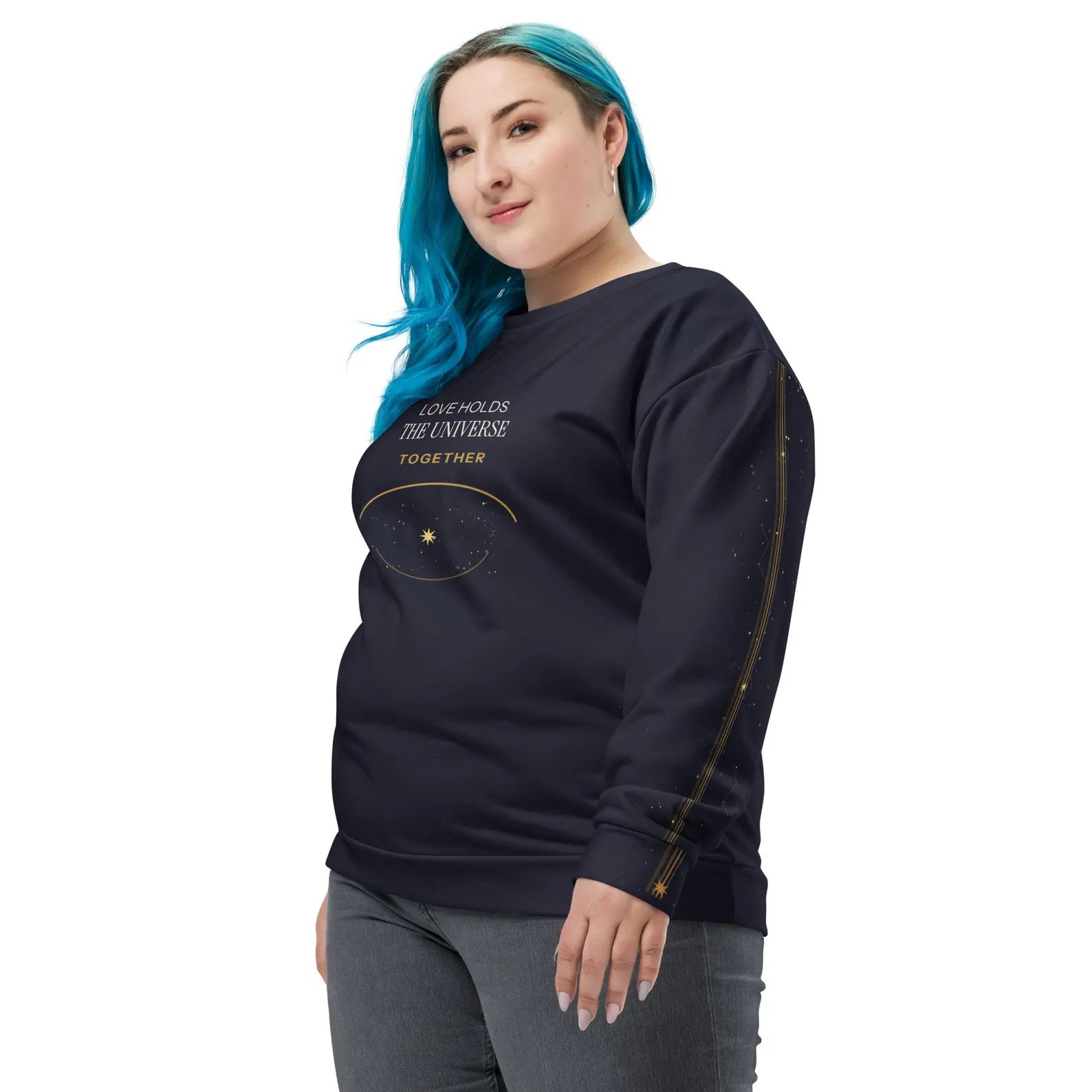 Model wearing the Love Holds the Universe Together sweatshirt with a visual focusing on the sleeve
