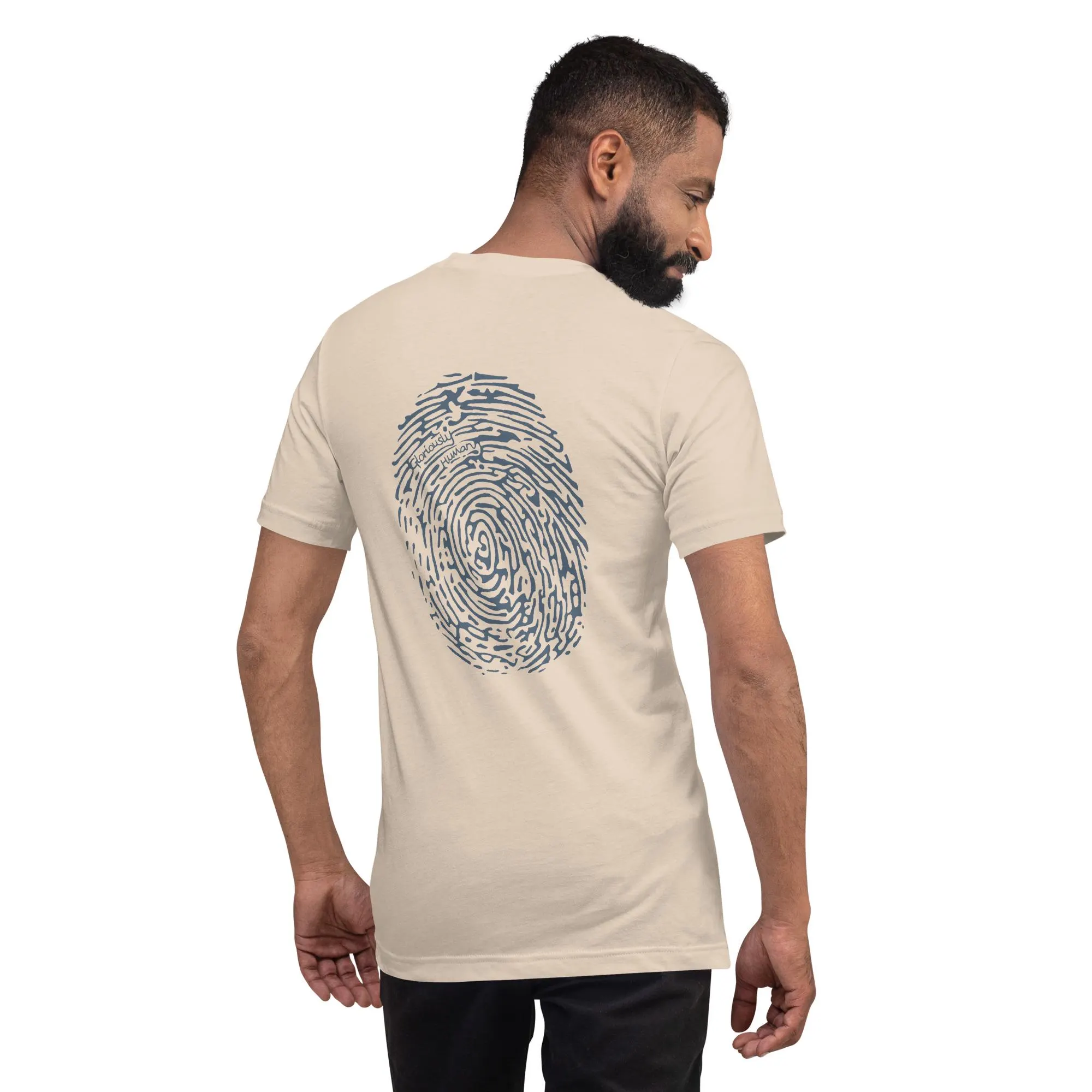 Male back pose soft cream gloriously human T-shirt