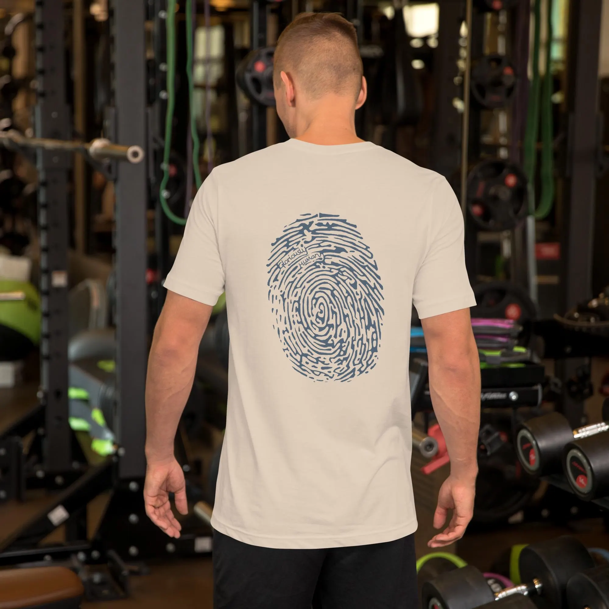 Male back pose soft cream gloriously human T-shirt