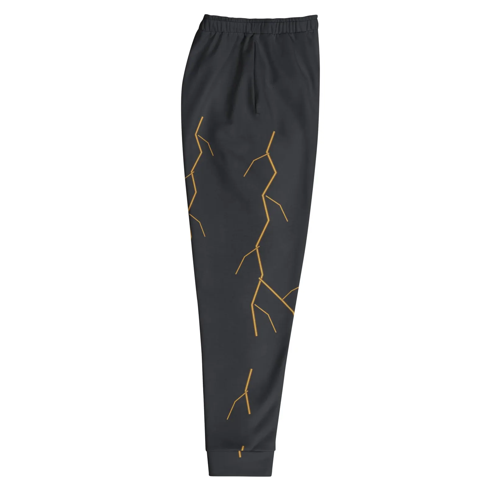Side view of the mended light joggers showing the kintsugi visual