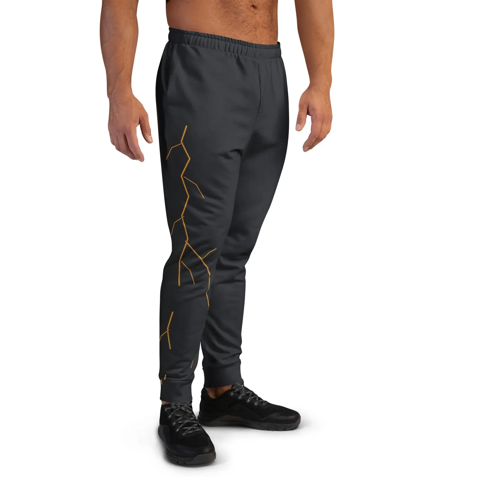 Front view of the mended light joggers showing the kintsugi visual