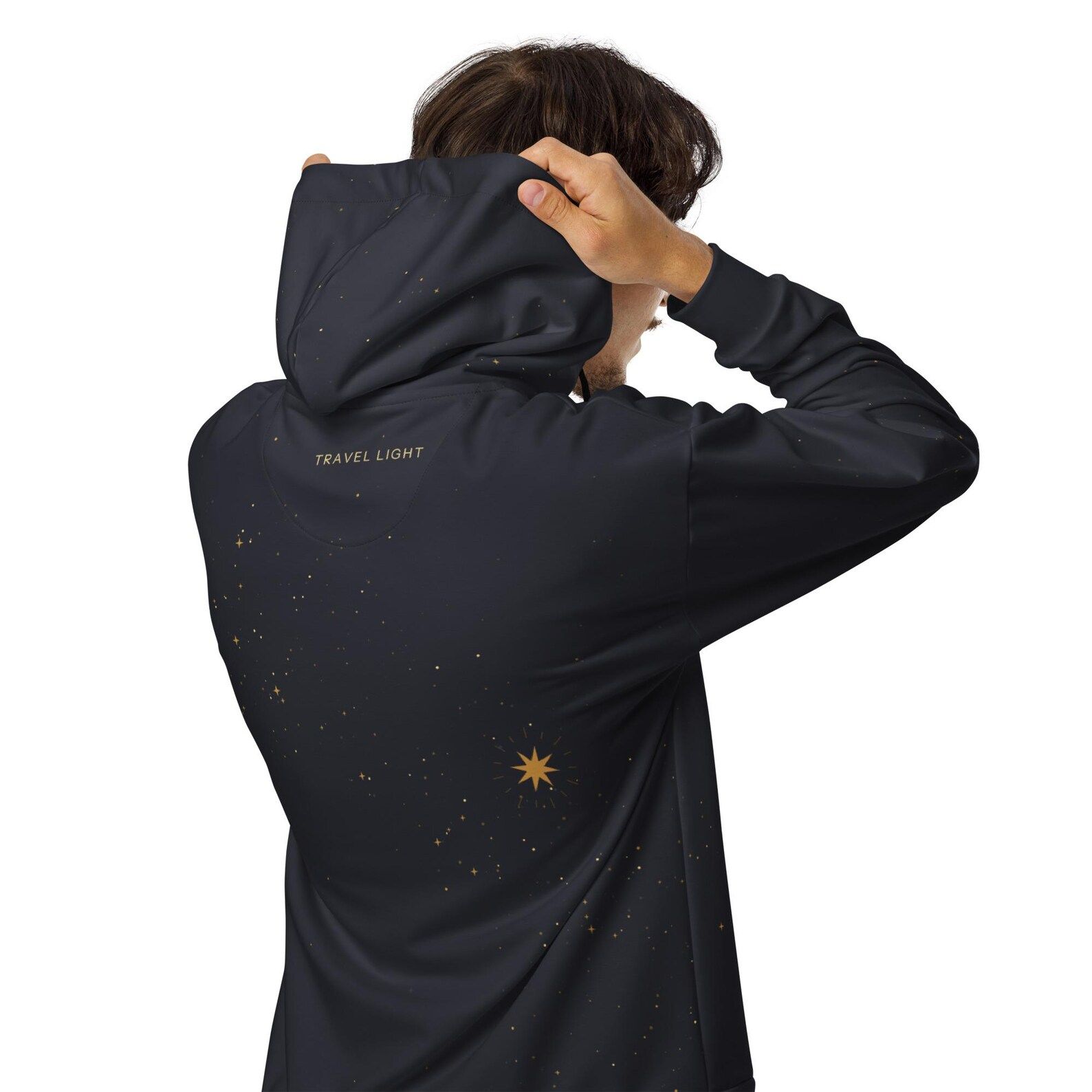 Model wearing the Live Light hoodie - hidden message - Travel light