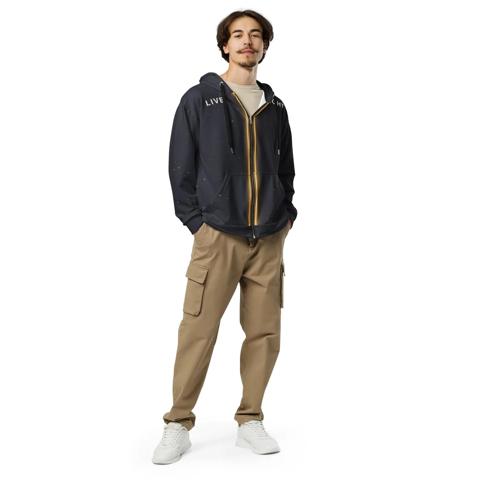 Model wearing the Live Light hoodie model standing