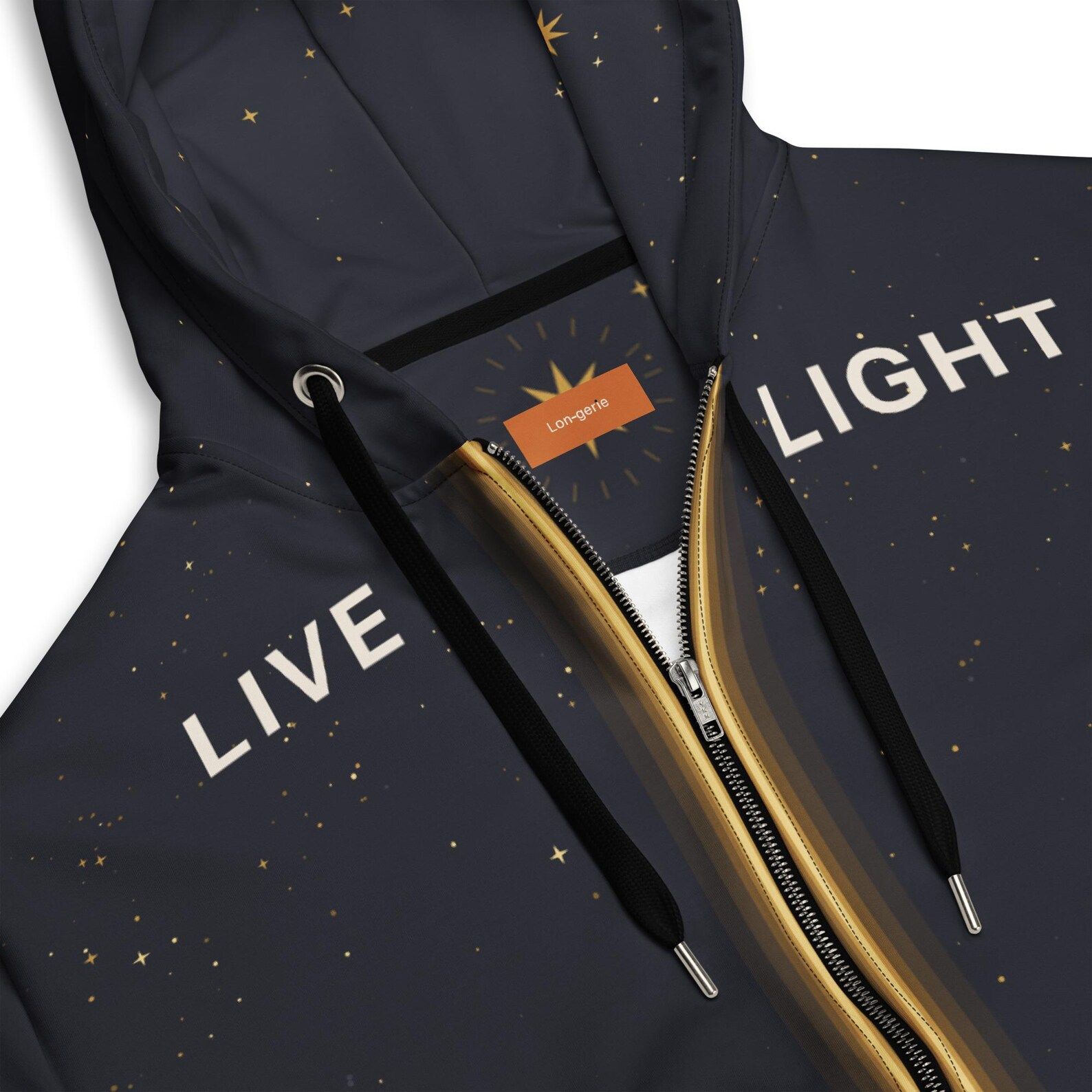 Model wearing the Live Light hoodie with inner orange tag