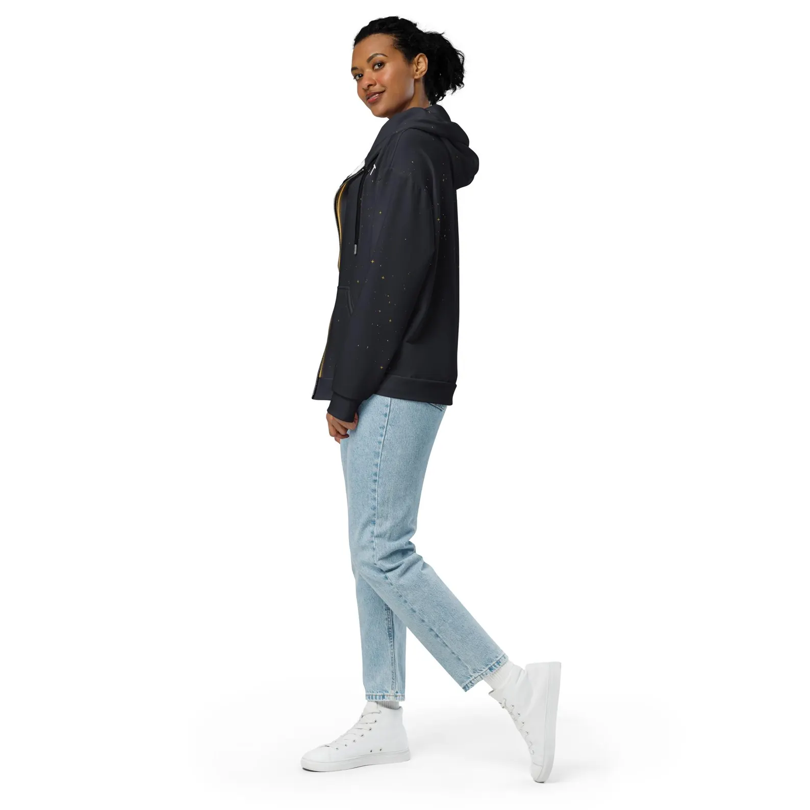 Model wearing the Live Light hoodie showing side view